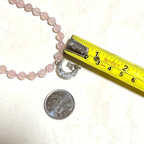 Pink Genuine Gemstone Rose Quartz Silver Cat on the Moon Beaded Short Necklace - Picture 9 of 11
